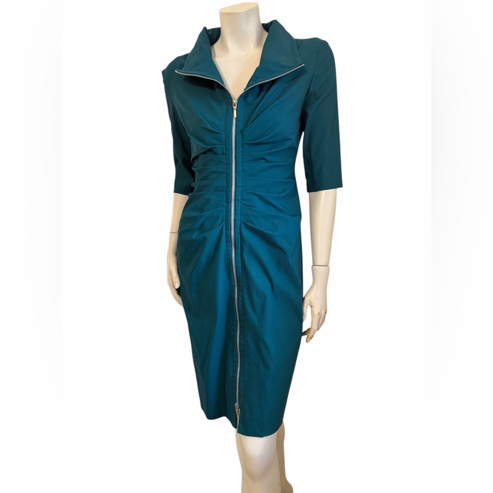 Joseph Ribkoff Ruched Collared Bodycon Midi Dress | Teal | Size 8